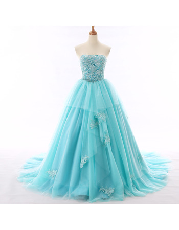 Inexpensive Ball Gown Strapless Chapel Train Organza Formal Evening Dress