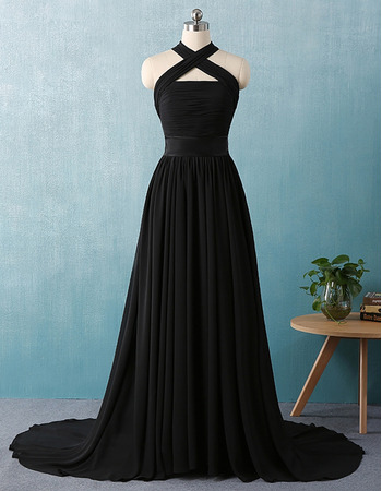 Custom Designer Cross Neckband Sweep Train Chiffon Black Formal Evening Dress