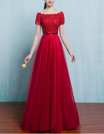 Inexpensive Long Tulle Applique Red Formal Evening Dress with Short Sleeves