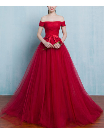 Inexpensive A-Line Off-the-shoulder Sweep Train Organza Red Formal Evening Dress