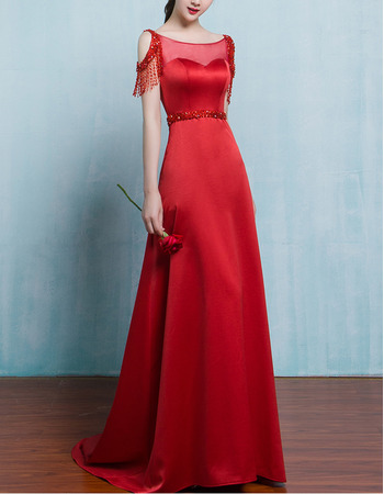 Elegant A-Line Sweep Train Satin Red Formal Evening Dress with Tassels