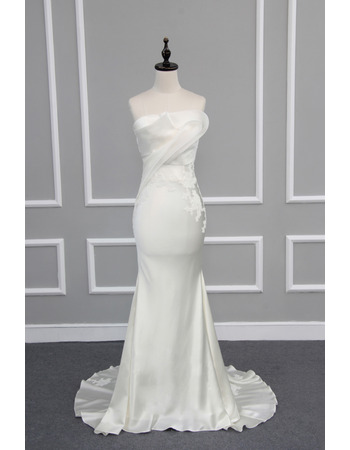 Chic Elegant Sheath Strapless Sleeveless Sweep Train Satin Wedding Dress