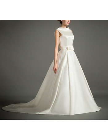 Affordable Classic Lapel Sleeveless Court Train Satin V-Back Wedding Dress