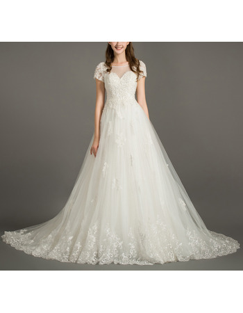 Classic Court Train Tulle Embroidery Wedding Dress with Short Sleeves