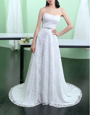 Discount Strapless Sleeveless Sweep Train Lace Wedding Dress