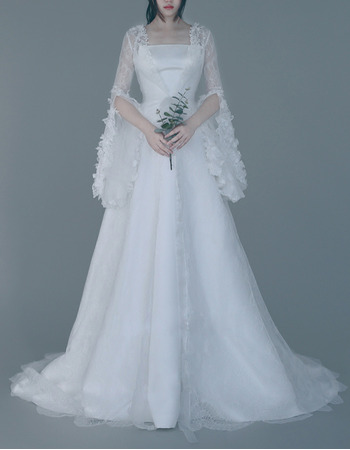 Top Luxury Strapless Sweep Train Wedding Dress with Lace Sleeves