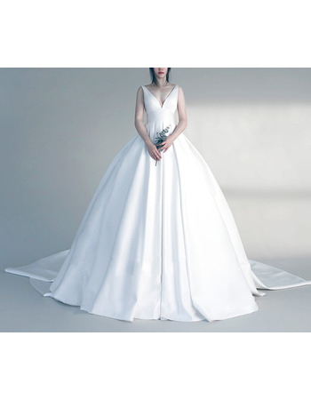 Sexy Luxury Ball Gown V-Neck Sleeveless Court Train Satin Bridal Wedding Dress