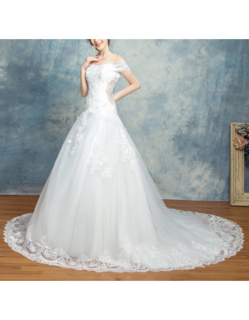 Affordable Stylish Off-the-shoulder Chapel Train Organza Wedding Dress