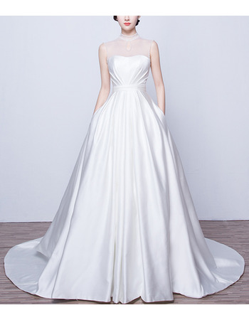 Elegant Modern High-Neck Sleeveless Satin Bridal Wedding Dress with Pockets