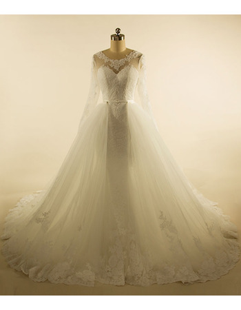 Classic Ball Gown Chapel Train Tulle Wedding Dress with Long Sleeves