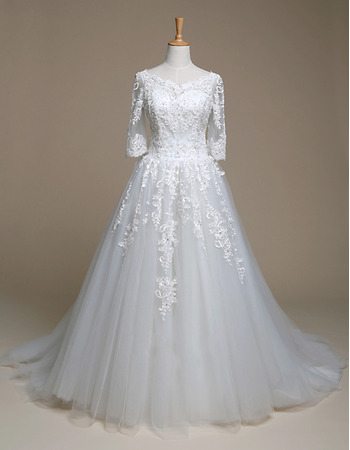 Inexpensive A-Line Court Train Wedding Dress with 3/4 Long Sleeves