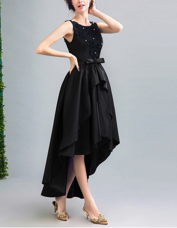 Designer High-Low Satin Black Lace-Up Formal Cocktail Party Dress