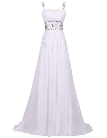 Women's White Sweep Train Long Chiffon Lace-Up Prom Evening Dress with Straps