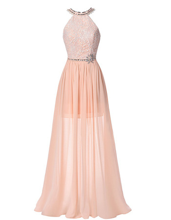 Sexy Halter Floor Length Chiffon Backless Prom Evening Dress