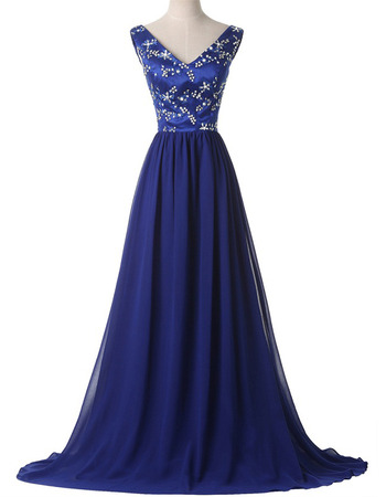 Custom V-Neck Sleeveless Satin Blue Chiffon Rhinestone Formal Evening Dress