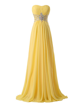 Women's Sweetheart Strapless Long Yellow Chiffon Prom Evening Dress