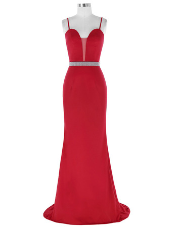 Elegant Sheath Sweetheart Red Chiffon Prom Evening Dress with Spaghetti Straps