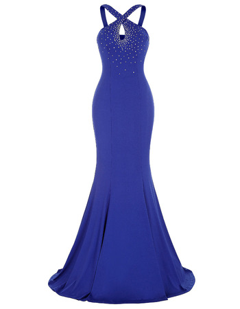 Elegant Sheath Sleeveless Blue Long Chiffon Prom Evening Dress with Straps