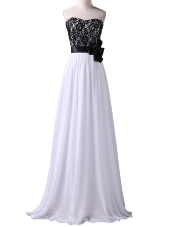 Elegant Floor Length Chiffon Lace Bodice Formal Evening Dress with Belts