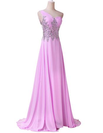 Women's One Shoulder Floor Length Chiffon Rhinestone Formal Evening Dress