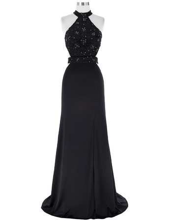 Sexy Halter Sleeveless Chiffon Black Embroidery Formal Evening Dress