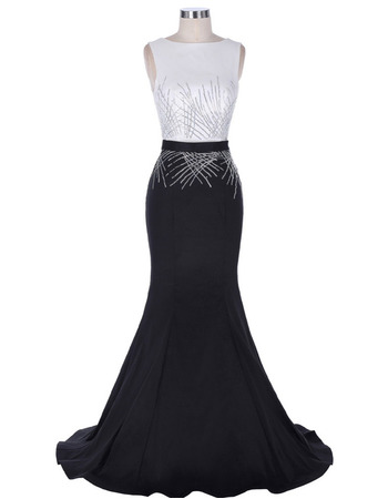 Sexy Mermaid Sleeveless Long White and Black Chiffon Formal Evening Dress