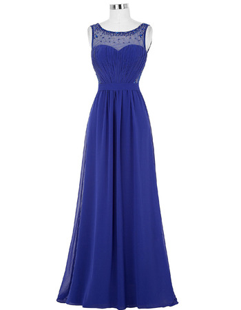 Inexpensive A-Line Full Length Blue Chiffon Tulle Formal Evening Dress