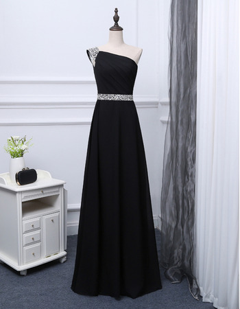 Custom One Shoulder Full Length Chiffon Black Prom Evening Dress