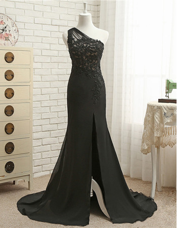 Inexpensive Sheath One Shoulder Long Black Chiffon Formal Evening Dress