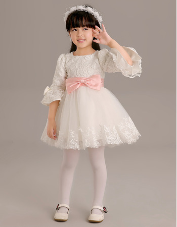 Little Girls Adorable Short Flower Girl Dress with 3/4 Long Sleeves and Sashes