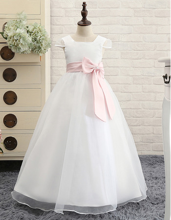 Girls Lovely Princess White Long First Communion Dress with Cap Sleeves and Sash