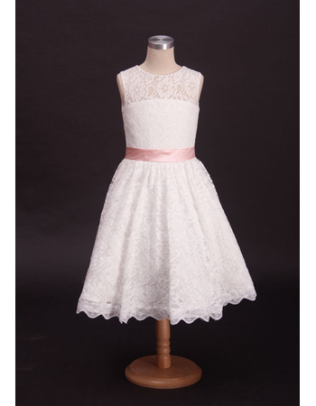 Simple Classic A-Line Tea Length Lace First Communion Dress with Belts