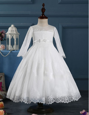 Girls Princess Ball Gown Tea Length White First Communion Dress with Long Sleeves