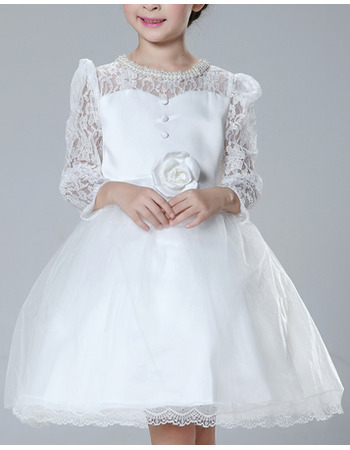 Girls Beautiful Ball Gown Long Lace Sleeves First Communion Dress with Flower