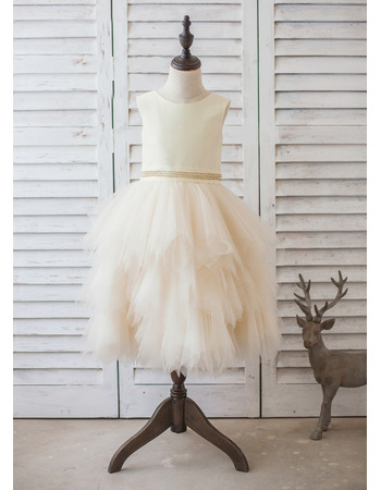 Beautiful Tea Length Satin Organza Bubble Skirt Flower Girl Dress