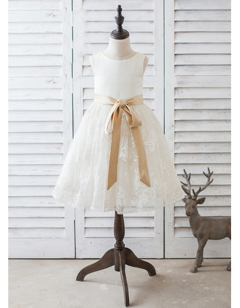 Custom Knee Length Lace Skirt Flower Girl Dress with Sashes