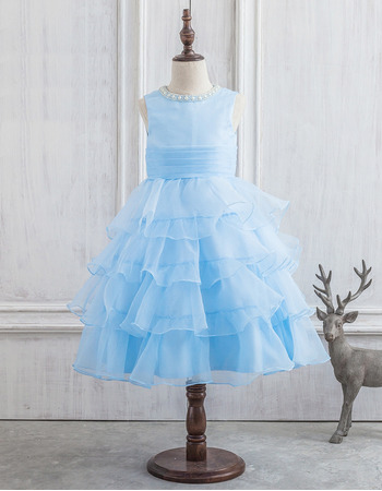 Custom Ball Gown Tea Length Organza Layered Skirt Flower Girl Dress