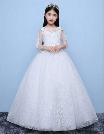 Pretty Ball Gown Floor Length Lace Flower Girl Dress with Long Sleeves