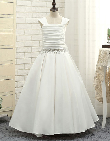 Inexpensive A-Line Long Satin White Flower Girl/ First Communion Dress