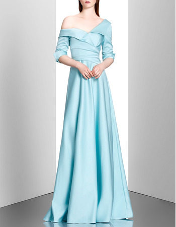 Inexpensive Lapel Asymmetric Satin Formal Evening Dress with Half Sleeves