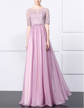 Elegant Floor Length Chiffon Beading Formal Evening Dress with Half Sleeves