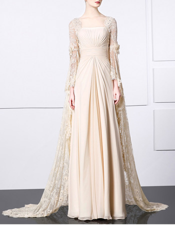 Designer Floor Length Chiffon Formal Evening Dress with Long Lace Sleeves