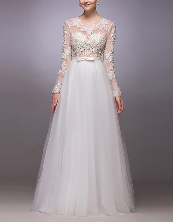 Romantic A-Line Floor Length Organza Wedding Dress with Long Sleeves