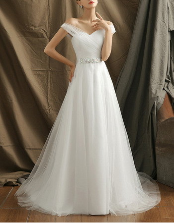 Cheap Sweetheart Sweep Train Organza Wedding Dress with Straps