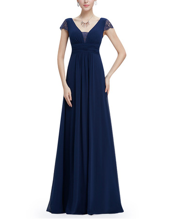 Inexpensive V-Neck Long Chiffon Formal Evening Dress with Cap Sleeves