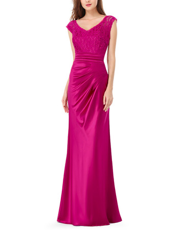 Elegant Sheath V-Neck Long Satin Lace Formal Evening Dress
