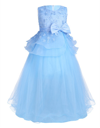 Custom Sleeveless Floor Length Applique Blue Little Girls Party Dress ...