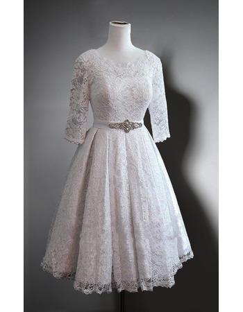 Affordable Knee Length Lace Wedding Dress with 3/4 Long Sleeves