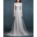 Custom Elegant Sleeveless Sweep Train Lace Evening Dress with Organza Overlap