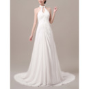 Sexy Elegant Halter Sleeveless Sweep Train White Chiffon Evening Wear Dress